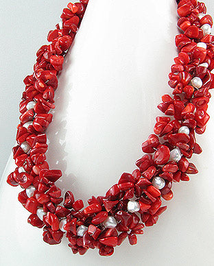 Collar Artesanal de Piedras Naturales de Coral Rojo, Perlas de Agua Dulce y Plata Ley 925 - Red Coral Natural Stones, Freshwater Pearls and 925 Sterling Silver Handmade Necklace - ID: 50727643 Bellash