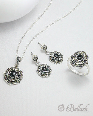 Juego de Joyeria Vintage Artesanal de Plata Ley 925 Marcasita y Resina (3 Pzas) - 925 Sterling Silver Marcasite and Resin Handmade Vintage Jewelry Set (3 Pcs) - ID: 55565494 Bellash
