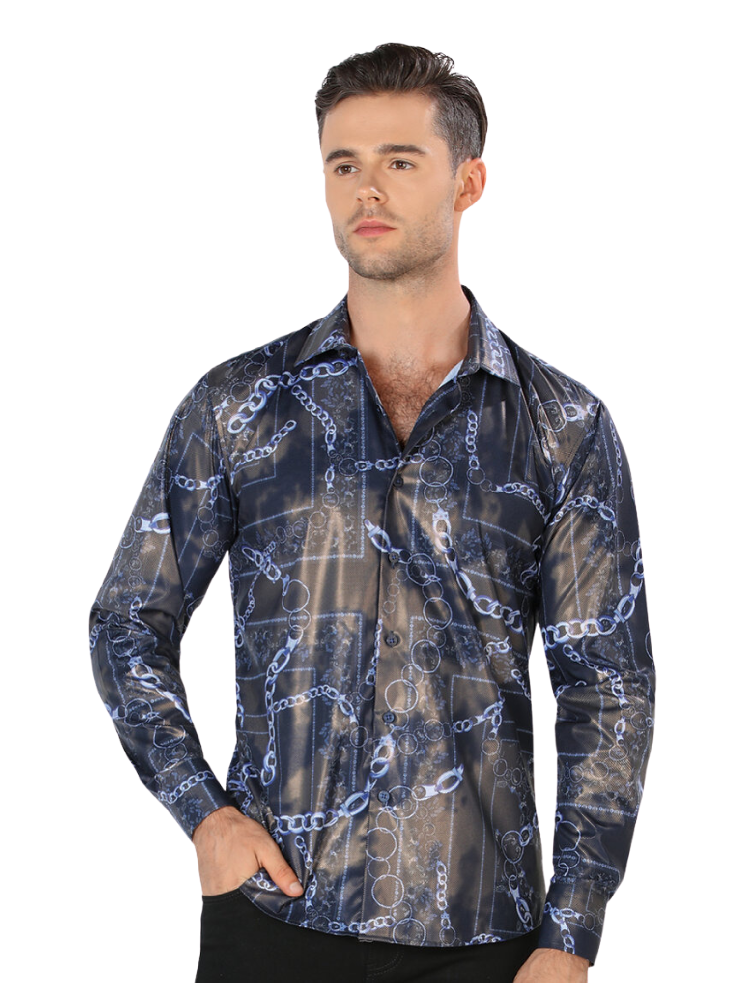 Camisa Casual Manga Larga Estampada para Hombre 'Montero' - ID: 0776 Camisas Estampadas Montero Navy