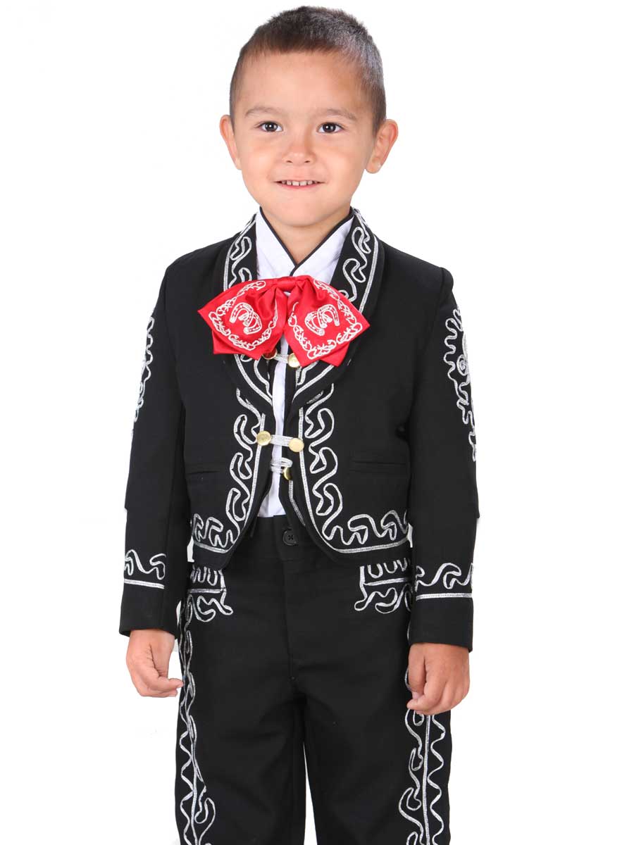 Traje Charro Bordado Negro/Blanco/Rojo para Niños 'El General' - ID: 34262 Trajes Charros El General Black/White/Red