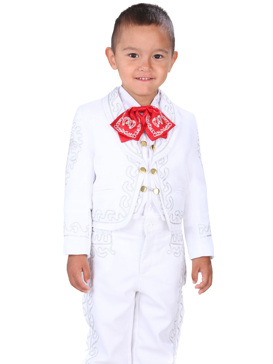 Traje Charro Bordado Blanco/Blanco/Rojo para Niños 'El General' - ID: 34263 Trajes Charros El General White/White/Red