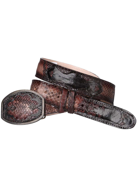 Cinto Vaquero Exotico de Python Original para Hombre con Hebilla Ovalada, 1 1/2" Ancho 'El General' - ID: 34620 Cintos Exóticos El General Choco Banda