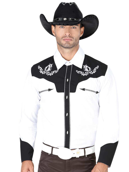 Camisa Vaquera Charra Bordada Manga Larga Blanco/Negro para Hombre 'El Señor de los Cielos' - ID: 35185 Western Shirt El Señor de los Cielos White/Black