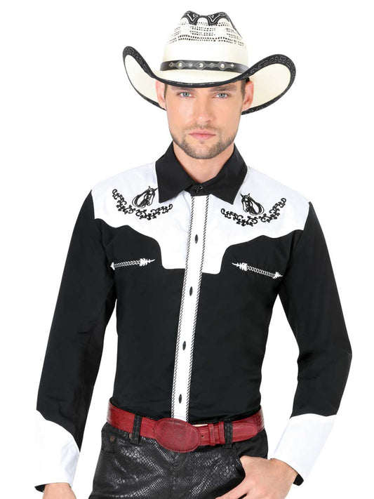 Camisa Vaquera Charra Bordada Manga Larga Negro/Blanco para Hombre 'El Señor de los Cielos' - ID: 35186 Camisas Charras El Señor de los Cielos Black/White