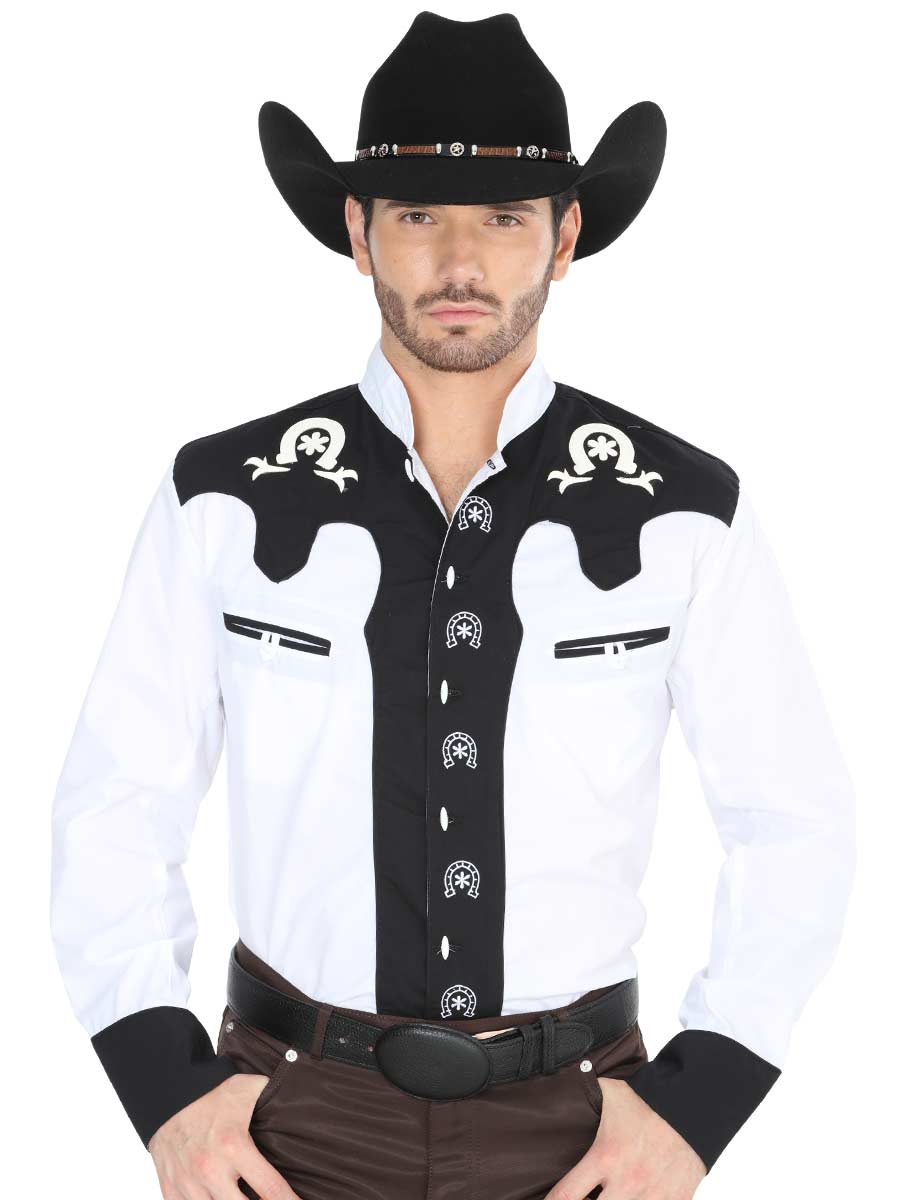 Camisa Vaquera Charra Bordada Manga Larga Blanco/Negro para Hombre 'El Señor de los Cielos' - ID: 35187 Camisas Charras El Señor de los Cielos White/Black