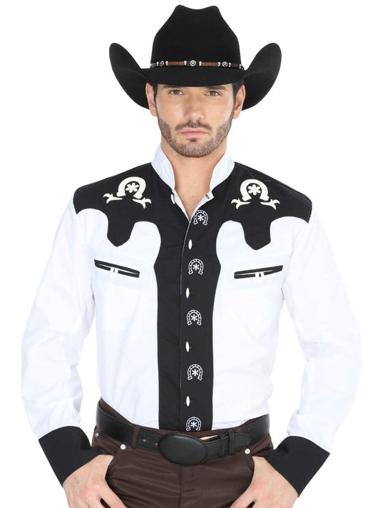 Camisa Vaquera Charra Bordada Manga Larga Blanco/Negro para Hombre 'El Señor de los Cielos' - ID: 35187 Western Shirt El Señor de los Cielos White/Black