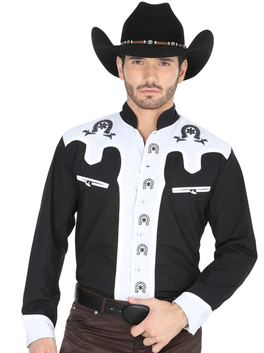 Camisa Vaquera Charra Bordada Manga Larga Negro/Blanco para Hombre 'El Señor de los Cielos' - ID: 35188 Camisas Charras El Señor de los Cielos Black/White