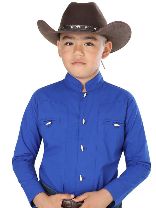 Camisa Vaquera Charra Manga Larga Azul Cobalto para Niños 'El General' - ID: 40368 Western Shirt El General Cobalt Blue