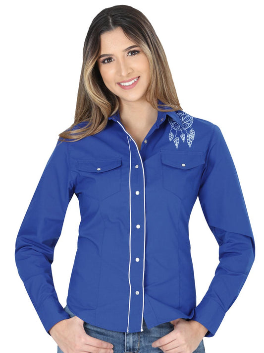 Camisa Vaquera Manga Larga de Bolsillos con Diseño Estampado Azul Rey para Mujer 'El General' - ID: 40476 Camisas de Bolsillos El General Royal Blue