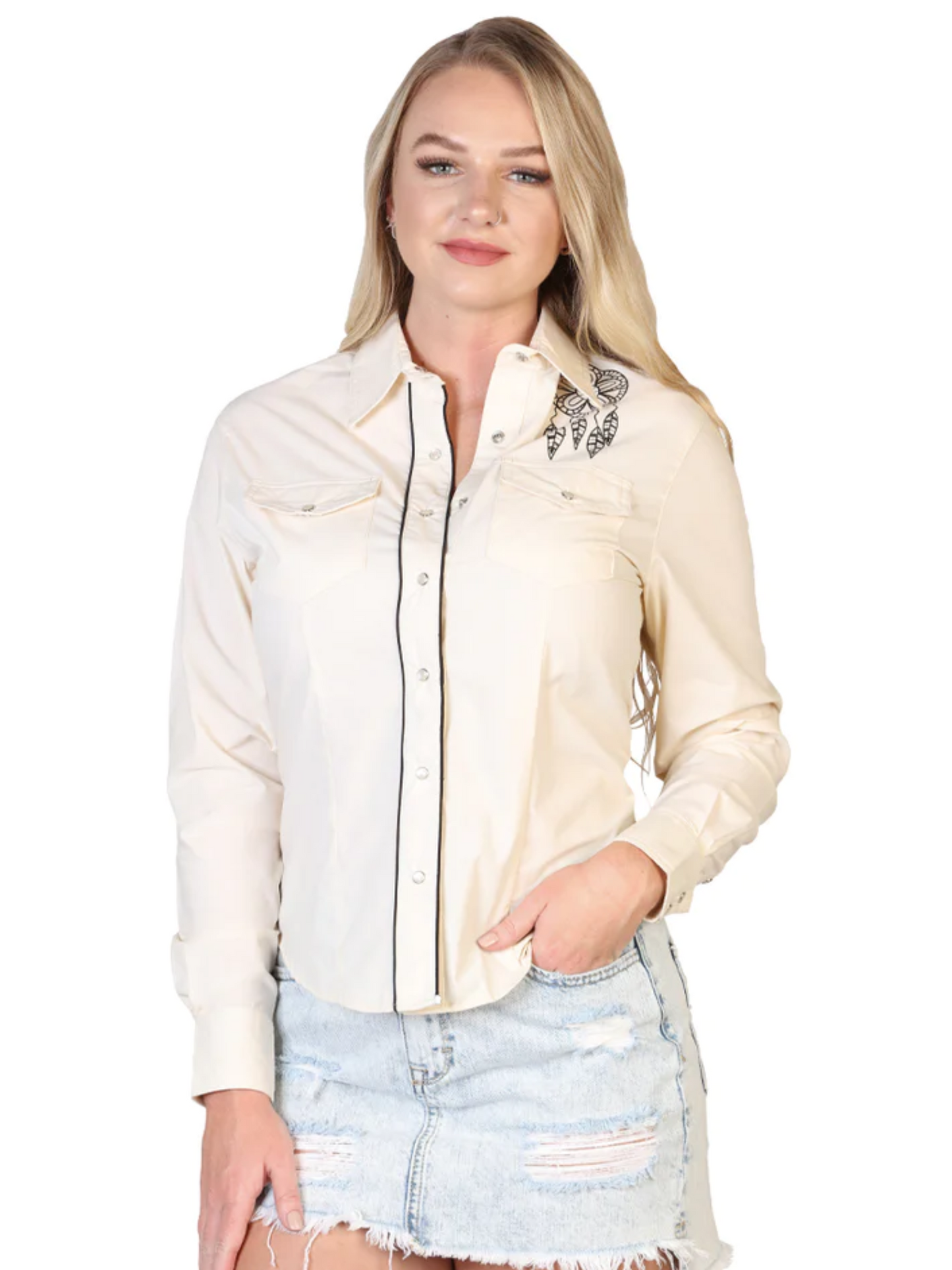 Camisa Vaquera Manga Larga de Bolsillos con Diseño Estampado Beige para Mujer 'El General' - ID: 40477 Camisas de Bolsillos El General Beige