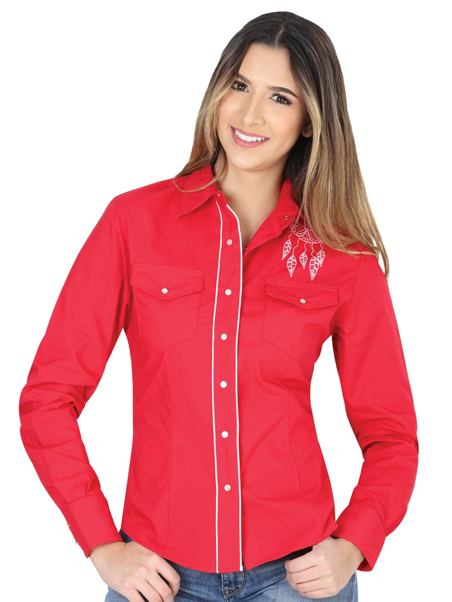 Camisa Vaquera Manga Larga de Bolsillos con Diseño Estampado Rojo para Mujer 'El General' - ID: 40479 Camisas de Bolsillos El General Red