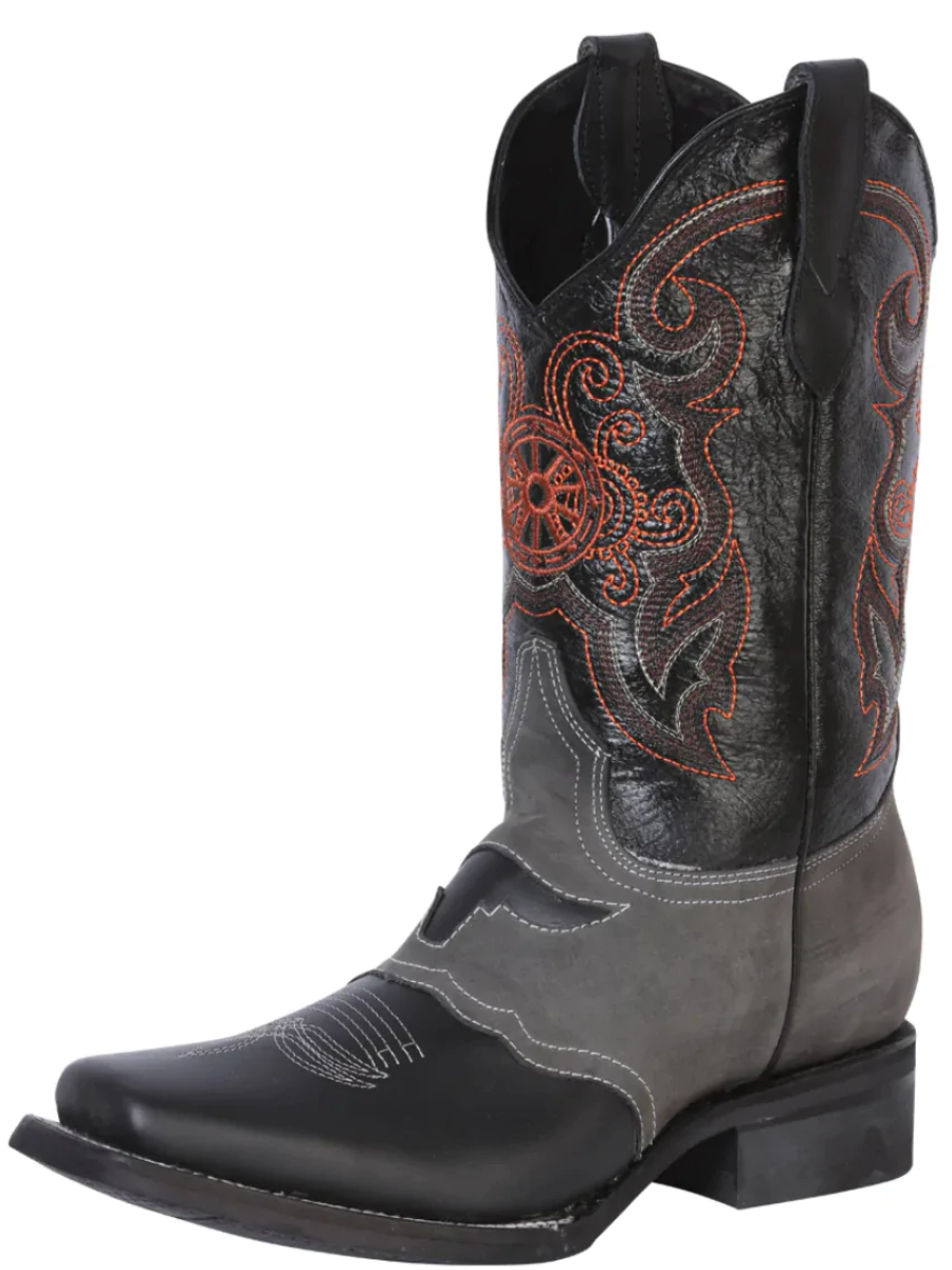 Botas Vaqueras Rodeo con Antifaz de Piel Genuina para Hombre 'El General' - ID: 40668 Botas Piel Genuina El General Negro/Gris