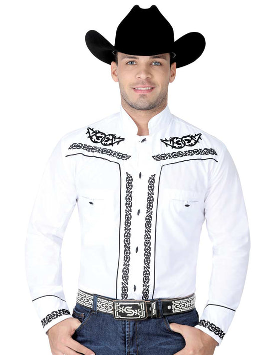 Camisa Vaquera Charra Bordada Manga Larga Blanco para Hombre 'El Señor de los Cielos' - ID: 40783 Camisas Charras El Señor de los Cielos White