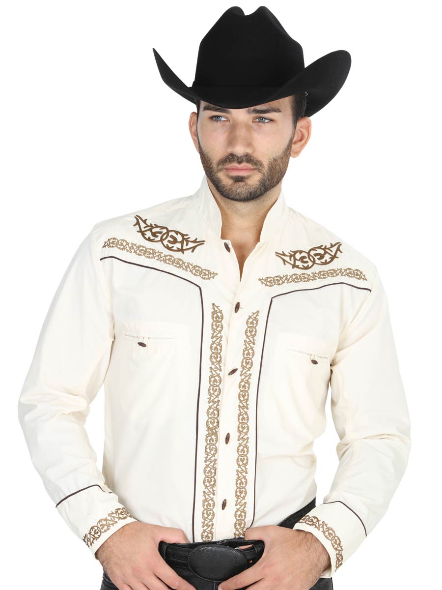 Camisa Vaquera Charra Bordada Manga Larga Beige para Hombre 'El Señor de los Cielos' - ID: 40784 Camisas Charras El Señor de los Cielos Beige