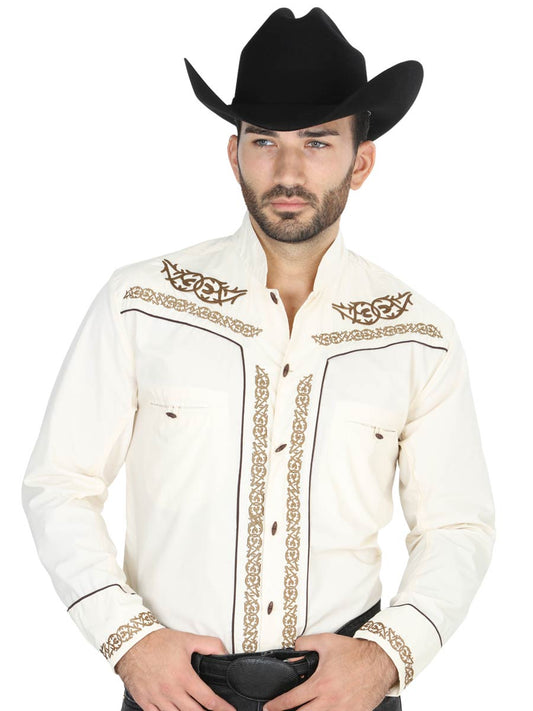 Camisa Vaquera Charra Bordada Manga Larga Beige para Hombre 'El Señor de los Cielos' - ID: 40784 Camisas Charras El Señor de los Cielos Beige