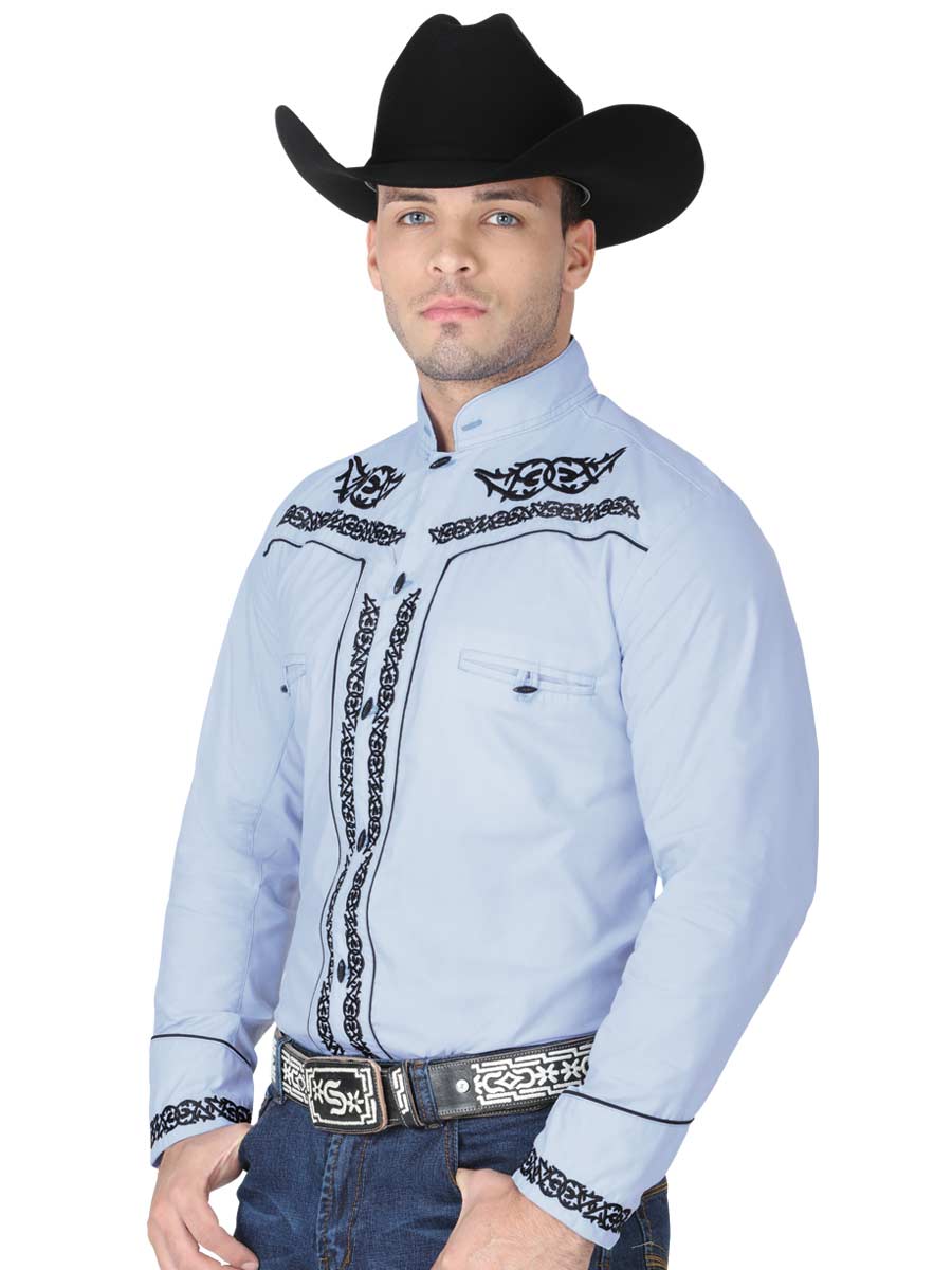 Camisa Vaquera Charra Bordada Manga Larga Azul Claro para Hombre 'El Señor de los Cielos' - ID: 40785 Western Shirt El Señor de los Cielos 