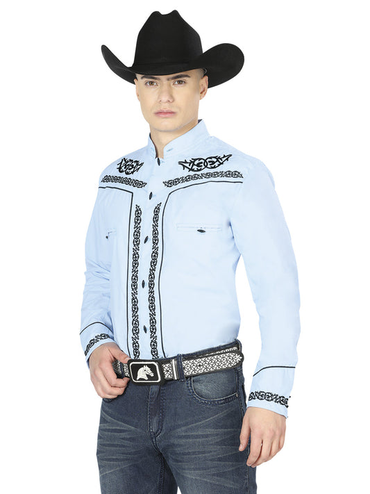 Camisa Vaquera Charra Bordada Manga Larga Azul Claro para Hombre 'El Señor de los Cielos' - ID: 40785 Camisas Charras El Señor de los Cielos Ligth Blue