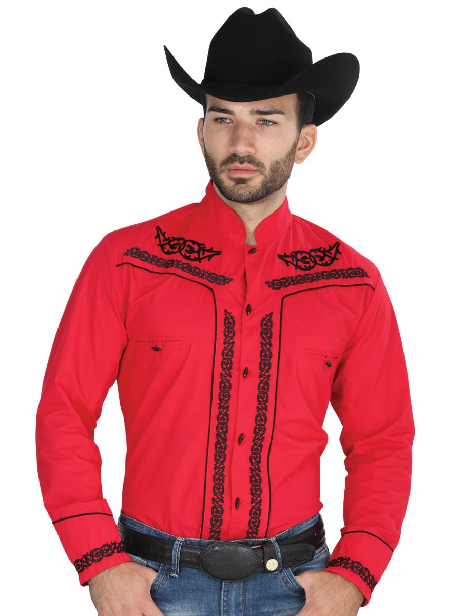 Camisa Vaquera Charra Bordada Manga Larga Rojo para Hombre 'El Señor de los Cielos' - ID: 40786 Western Shirt El Señor de los Cielos 
