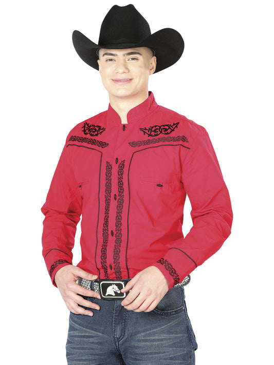 Camisa Vaquera Charra Bordada Manga Larga Rojo para Hombre 'El Señor de los Cielos' - ID: 40786 Camisas Charras El Señor de los Cielos Red