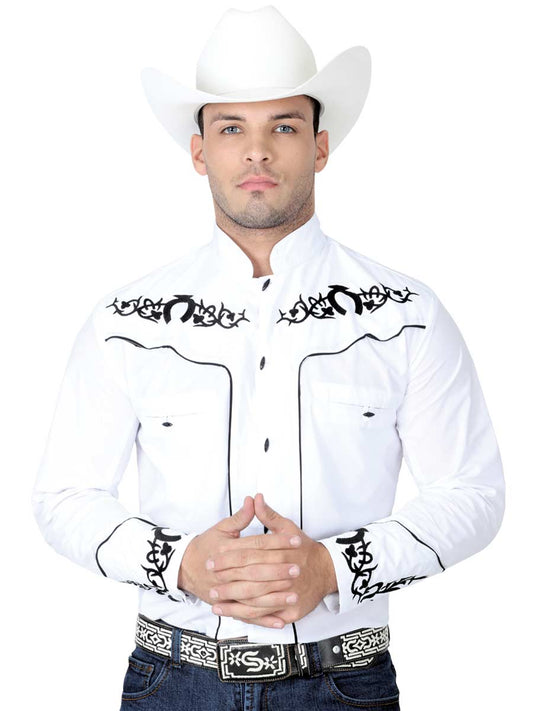 Camisa Vaquera Charra Bordada Manga Larga Blanco para Hombre 'El Señor de los Cielos' - ID: 40787 Western Shirt El Señor de los Cielos White