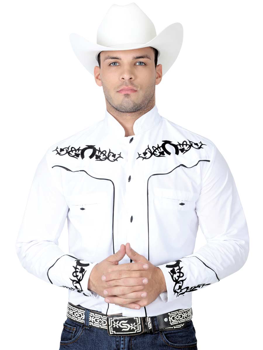 Camisa Vaquera Charra Bordada Manga Larga Blanco para Hombre 'El Señor de los Cielos' - ID: 40787 Camisas Charras El Señor de los Cielos White