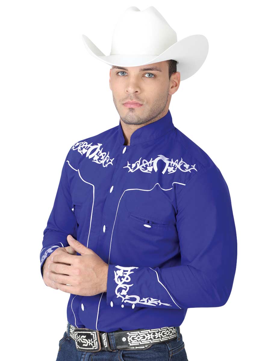 Camisa Vaquera Charra Bordada Manga Larga Azul Rey para Hombre 'El Señor de los Cielos' - ID: 40791 Camisas Charras El Señor de los Cielos Royal Blue