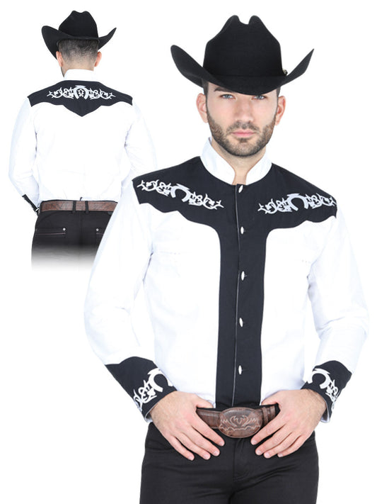 Camisa Vaquera Charra Bordada Manga Larga Blanco/Negro para Hombre 'El Señor de los Cielos' - ID: 40792 Western Shirt El Señor de los Cielos White/Black