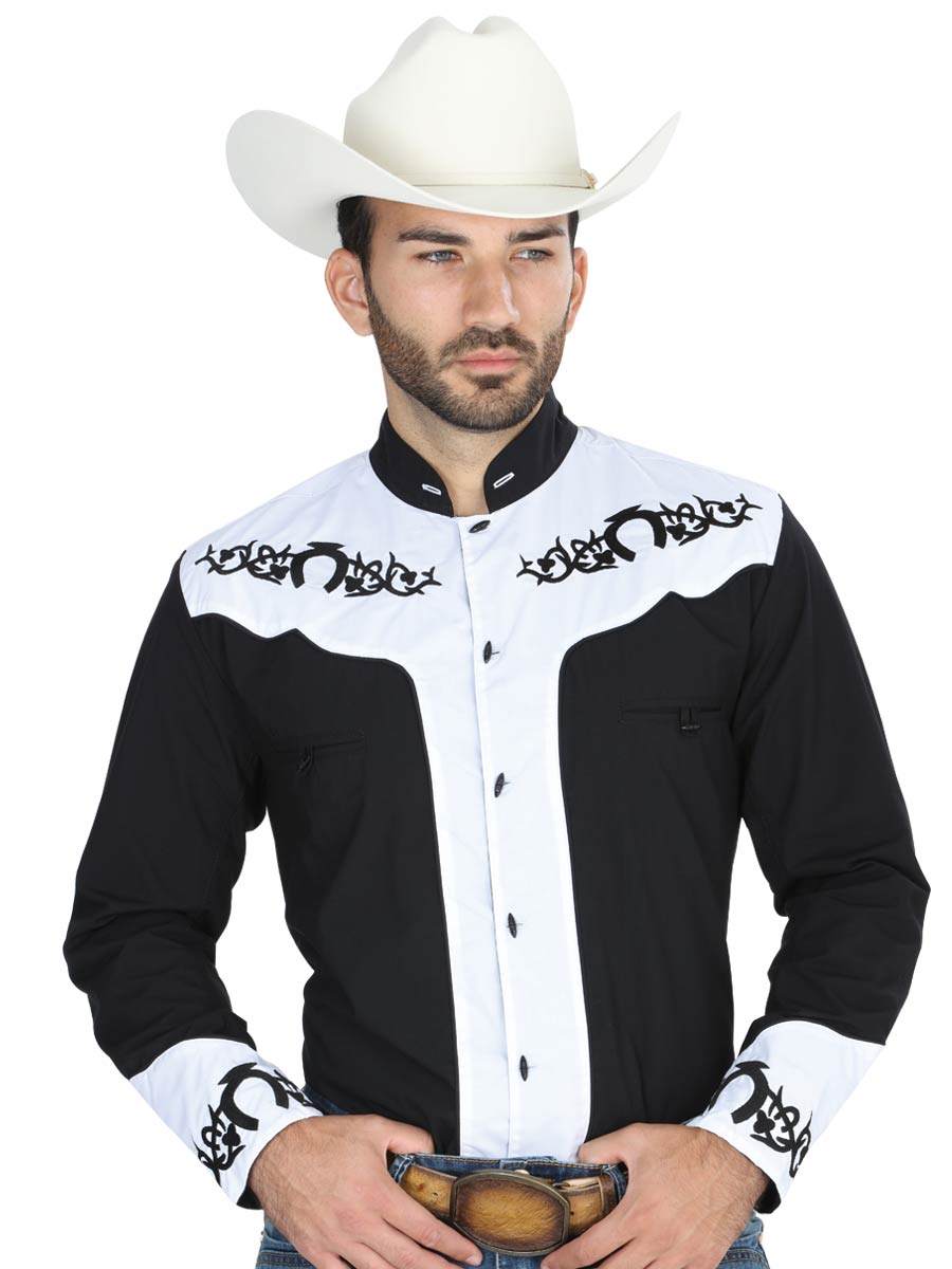Camisa Vaquera Charra Bordada Manga Larga Negro/Blanco para Hombre 'El Señor de los Cielos' - ID: 40795 Western Shirt El Señor de los Cielos Black/White