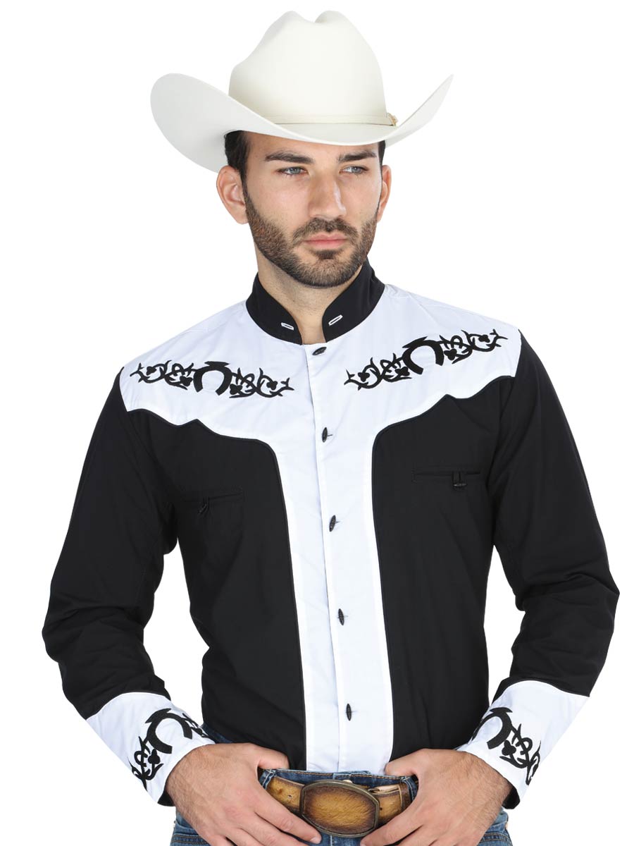 Camisa Vaquera Charra Bordada Manga Larga Negro/Blanco para Hombre 'El Señor de los Cielos' - ID: 40795 Camisas Charras El Señor de los Cielos Black/White