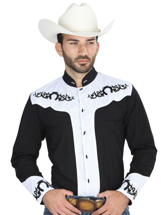 Camisa Vaquera Charra Bordada Manga Larga Negro/Blanco para Hombre 'El Señor de los Cielos' - ID: 40795 Camisas Charras El Señor de los Cielos Black/White