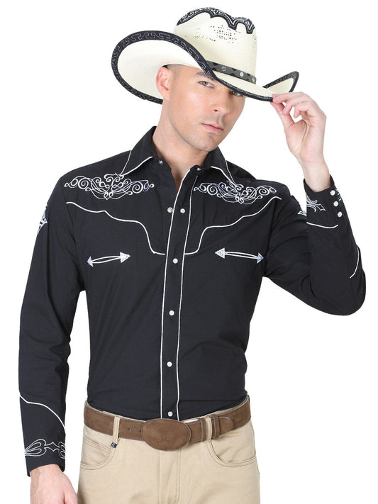 Camisa Vaquera Bordada Manga Larga Negro para Hombre 'El General' - ID: 40983 Western Shirt El General Black