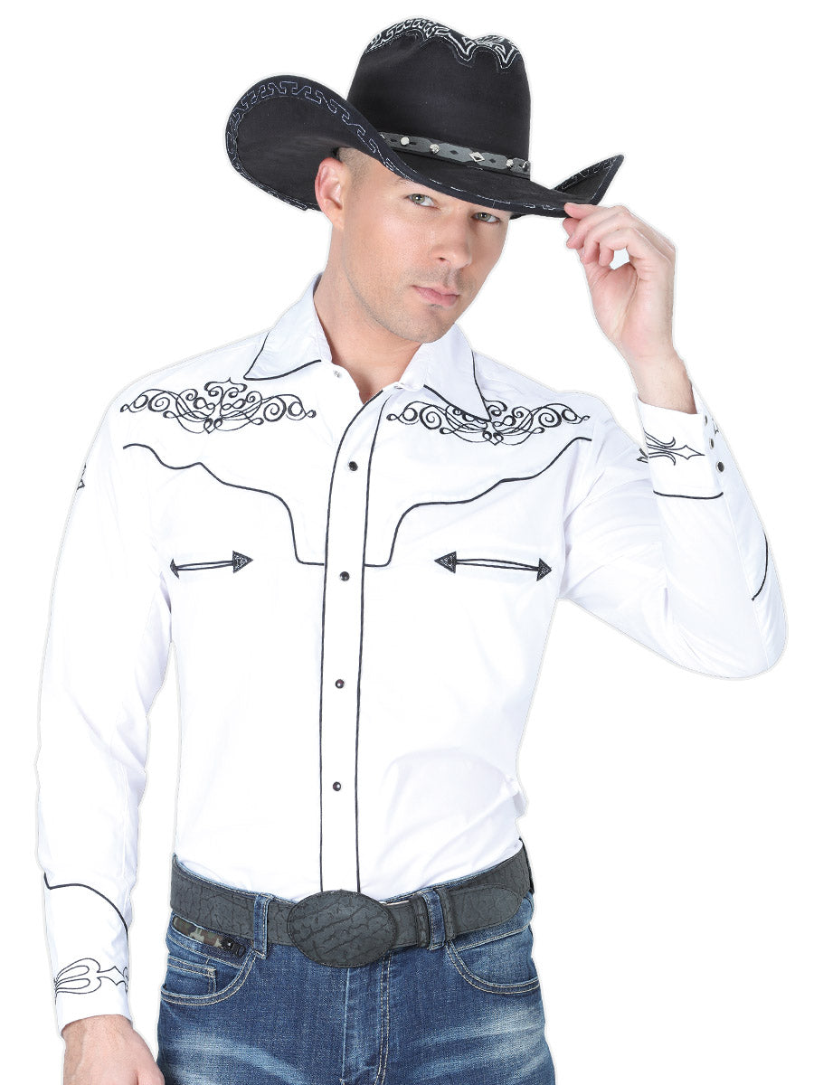 Camisa Vaquera Bordada Manga Larga Blanco para Hombre 'El General' - ID: 40984 Camisas Bordadas El General White