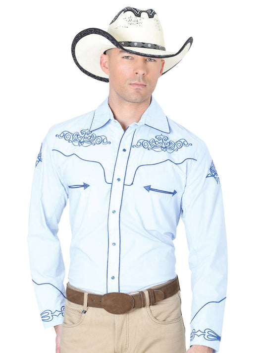 Camisa Vaquera Bordada Manga Larga Azul para Hombre 'El General' - ID: 40985 Western Shirt El General Blue