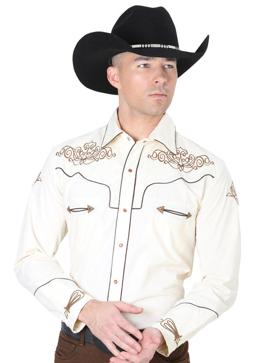 Camisa Vaquera Bordada Manga Larga Beige para Hombre 'El General' - ID: 40986 Western Shirt El General Beige