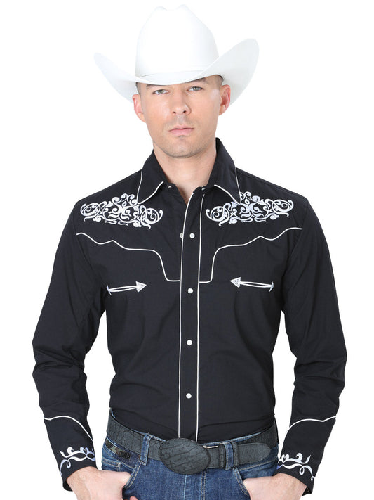 Camisa Vaquera Bordada Manga Larga Negro para Hombre 'El General' - ID: 40987 Western Shirt El General Black