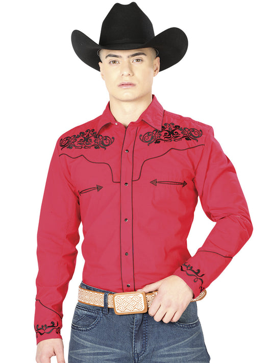 Camisa Vaquera Bordada Manga Larga Rojo para Hombre 'El General' - ID: 40989 Camisas Bordadas El General Red