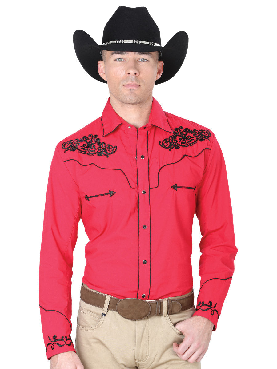 Camisa Vaquera Bordada Manga Larga Rojo para Hombre 'El General' - ID: 40989 Western Shirt El General 