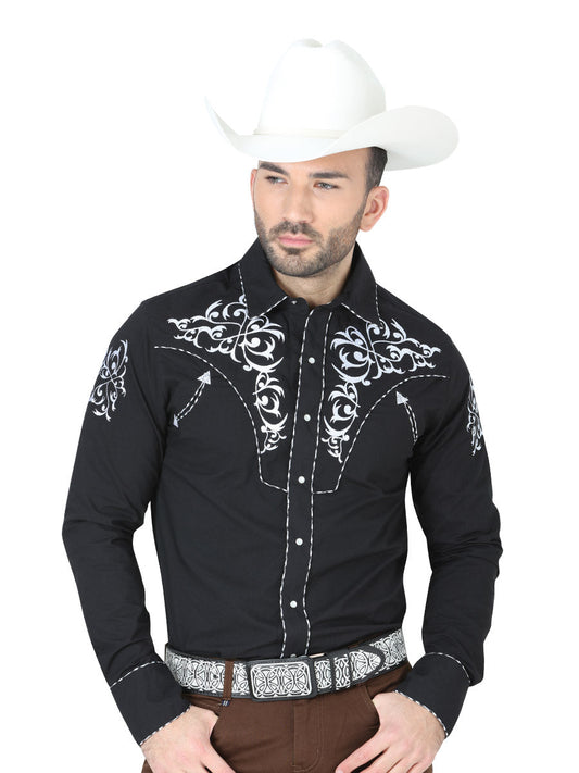 Camisa Vaquera Bordada Manga Larga Negro para Hombre 'El Señor de los Cielos' - ID: 40990 Camisas Bordadas El Señor de los Cielos Black