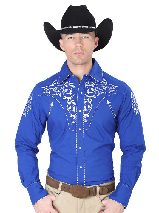 Camisa Vaquera Bordada Manga Larga Azul Rey para Hombre 'El Señor de los Cielos' - ID: 40993 Camisas Bordadas El Señor de los Cielos Royal Blue