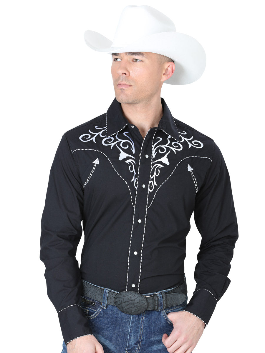 Camisa Vaquera Bordada Manga Larga Negro para Hombre 'El Señor de los Cielos' - ID: 41003 Western Shirt El Señor de los Cielos 