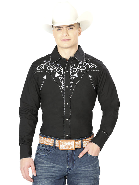 Camisa Vaquera Bordada Manga Larga Negro para Hombre 'El Señor de los Cielos' - ID: 41003 Camisas Bordadas El Señor de los Cielos Black