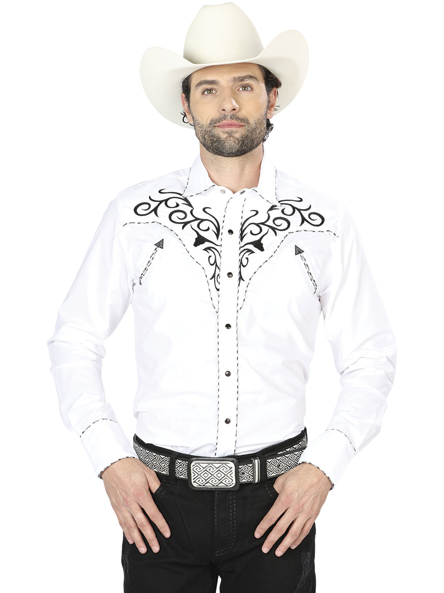 Camisa Vaquera Bordada Manga Larga Blanco para Hombre 'El Señor de los Cielos' - ID: 41004 Camisas Bordadas El Señor de los Cielos 