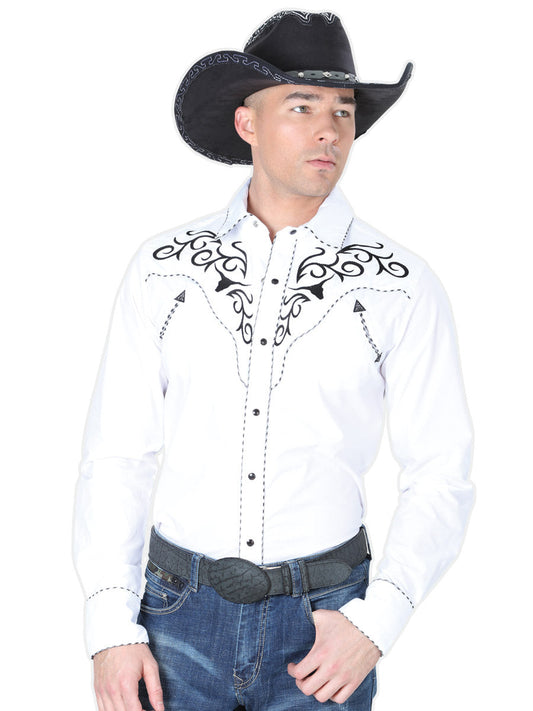 Camisa Vaquera Bordada Manga Larga Blanco para Hombre 'El Señor de los Cielos' - ID: 41004 Western Shirt El Señor de los Cielos White