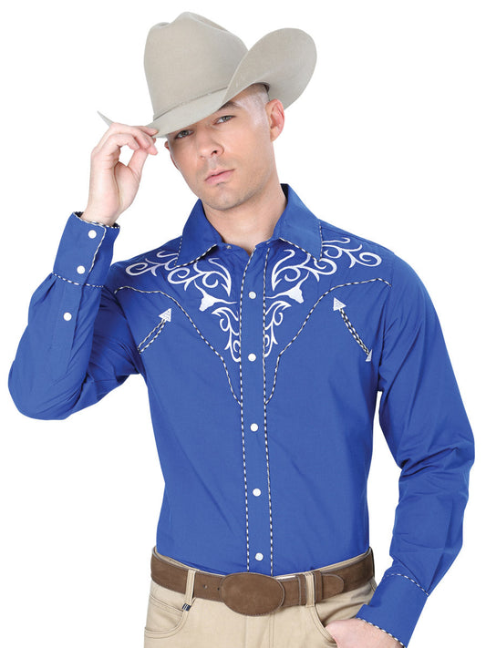 Camisa Vaquera Bordada Manga Larga Azul Rey para Hombre 'El Señor de los Cielos' - ID: 41005 Camisas Bordadas El Señor de los Cielos Royal Blue