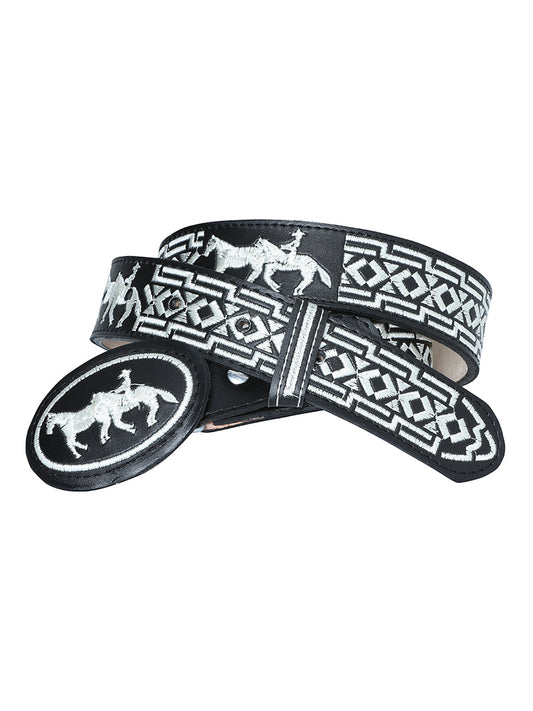 Cinto Vaquero Piteado de Piel Vacuno para Hombre con Caballos, 1 1/2" Ancho 'El General' - ID: 41690 Cintos Bordados El General Negro