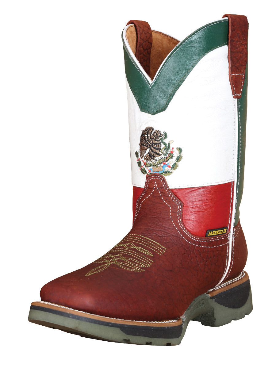 Botas de Trabajo Rodeo de Tubo Pull-On Bandera Mexico con Punta Suave de Piel Genuina para Hombre 'El General' - ID: 41717 Botas de Punta Suave El General Brandy