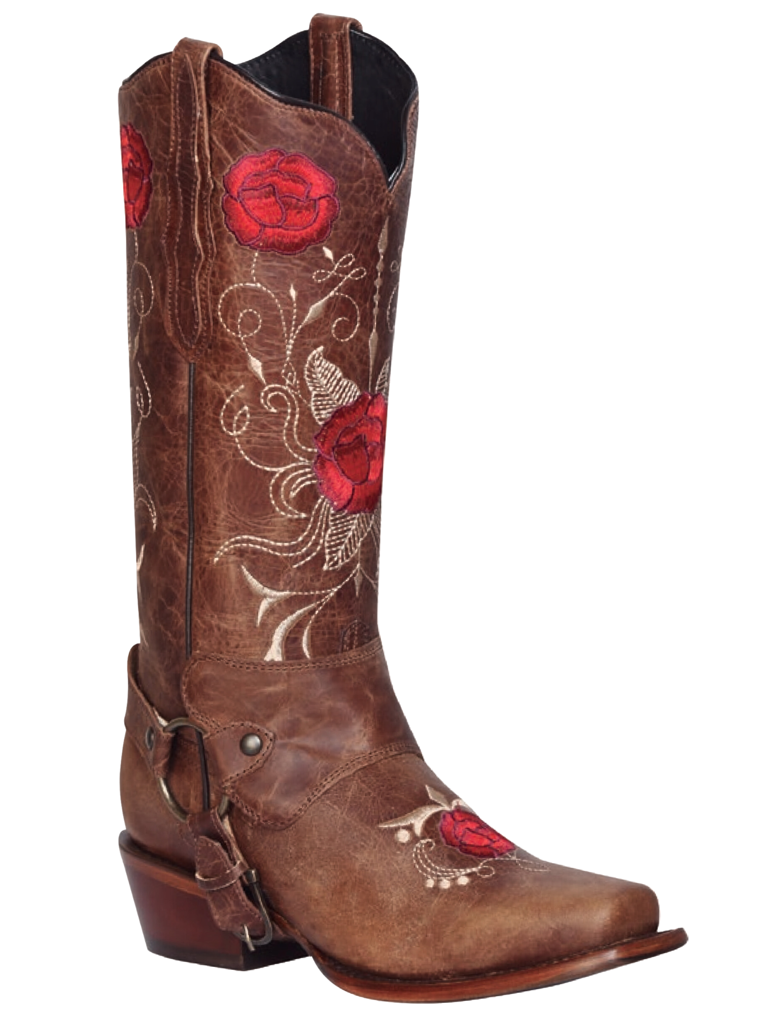 Botas Vaqueras Rodeo de Arnes con Tubo Bordado de Flores de Piel Genuina para Mujer 'El General' - ID: 41783 Botas Rodeo Piel Genuina El General 