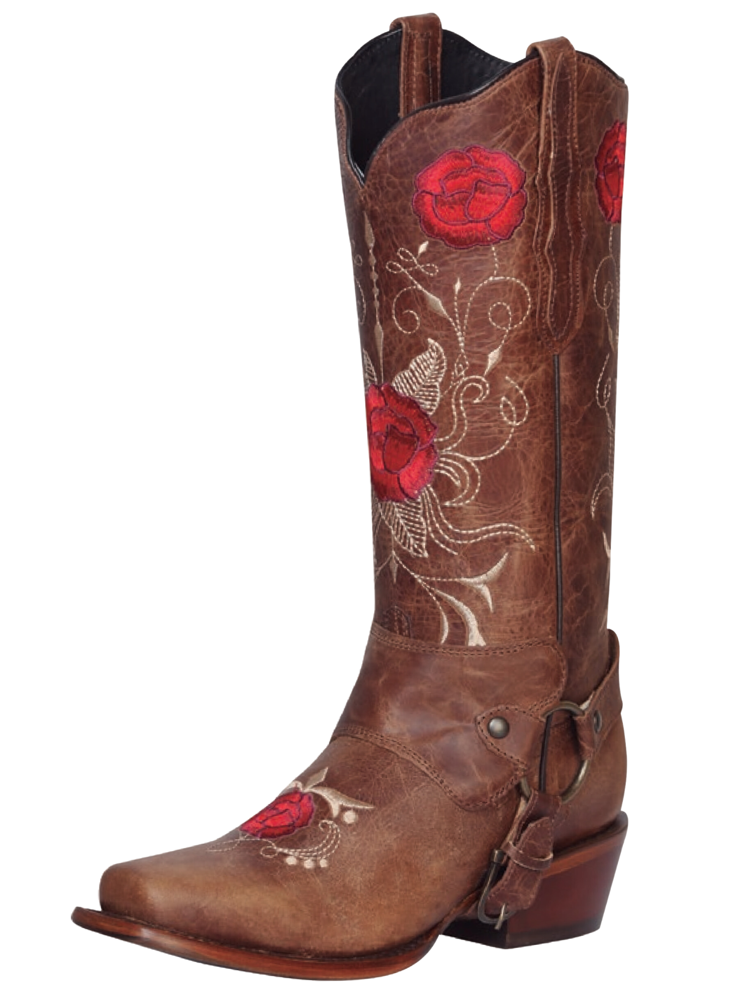 Botas Vaqueras Rodeo de Arnes con Tubo Bordado de Flores de Piel Genuina para Mujer 'El General' - ID: 41783 Botas Rodeo Piel Genuina El General Tang