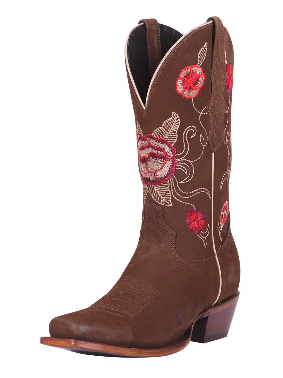 Botas Vaqueras Rodeo con Tubo Bordado de Flores de Piel Nobuck para Mujer 'El General' - ID: 41784 Botas Rodeo Piel Nobuck El General Camel