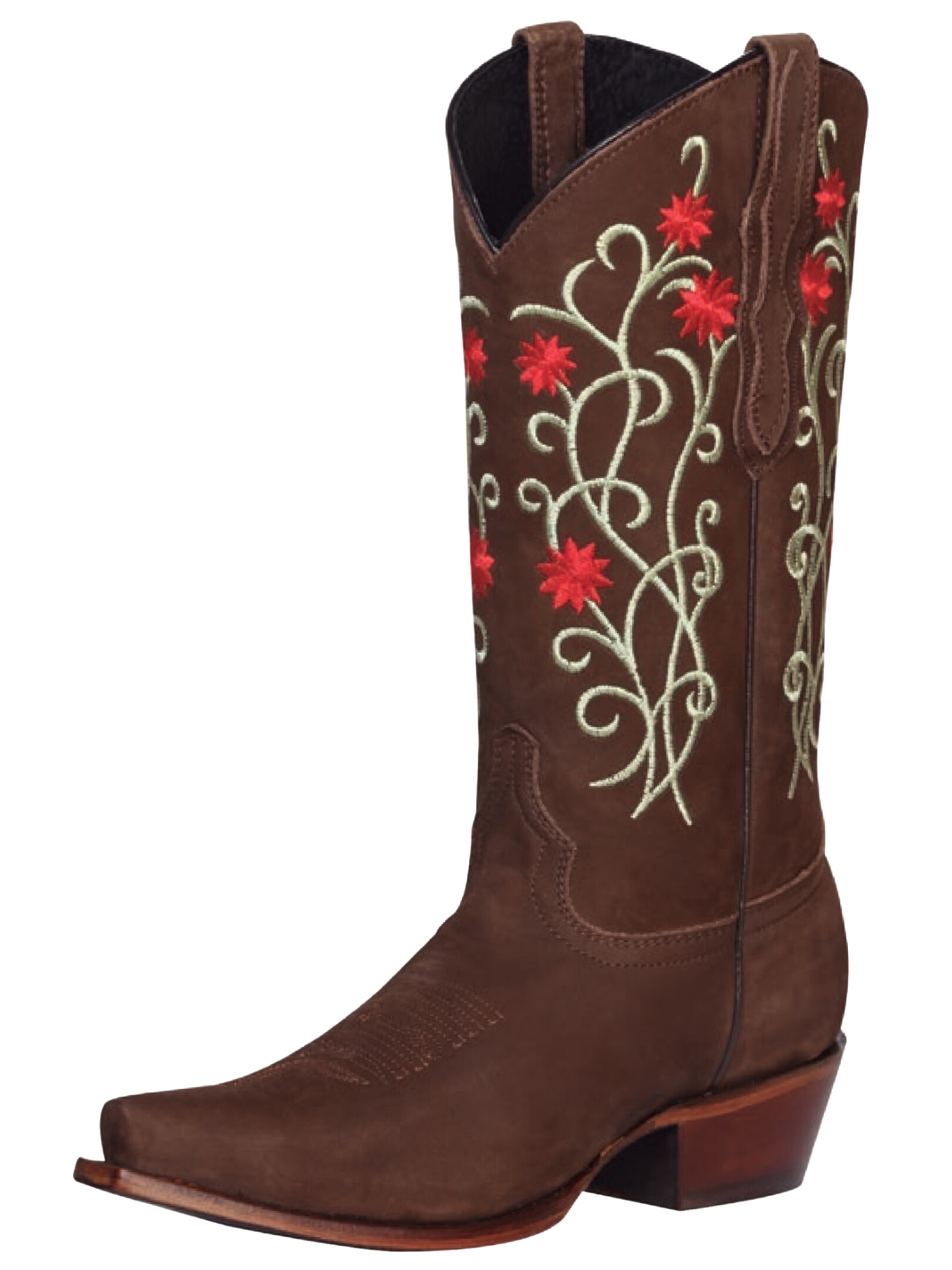 Botas Vaqueras Retro con Tubo Bordado de Flores de Piel Nobuck para Mujer 'El General' - ID: 41789 Botas Clasicas Piel Nobuck El General Camel